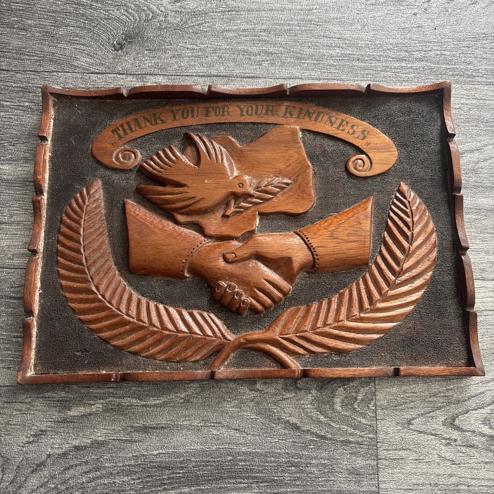 Vintage wooden plaque Thank you for your kindness peace dove shaking hands .
