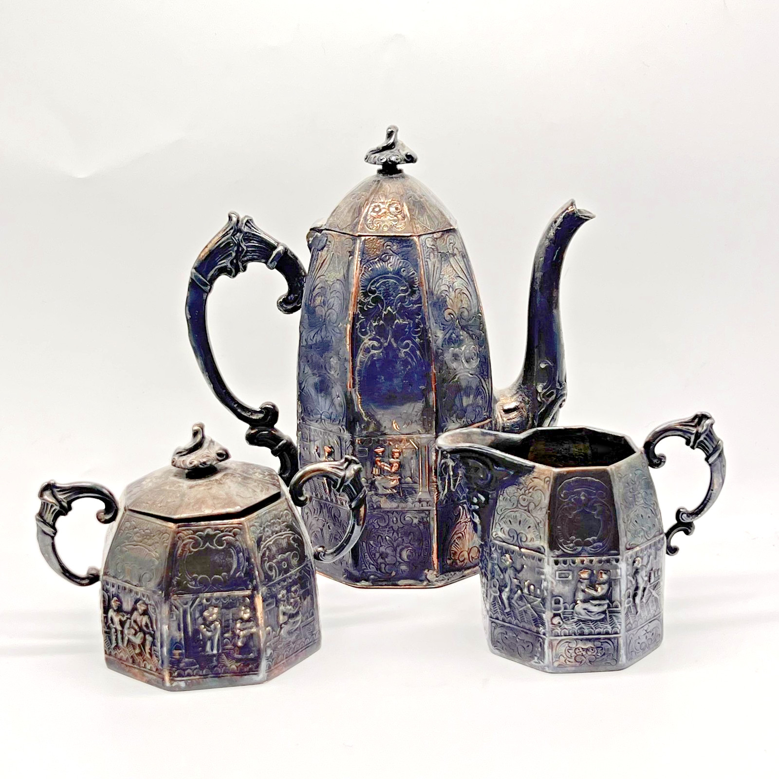 Antique E.G. Webster & Son Silverplate Coffee Tea Service Set Dutch Tavern Scene