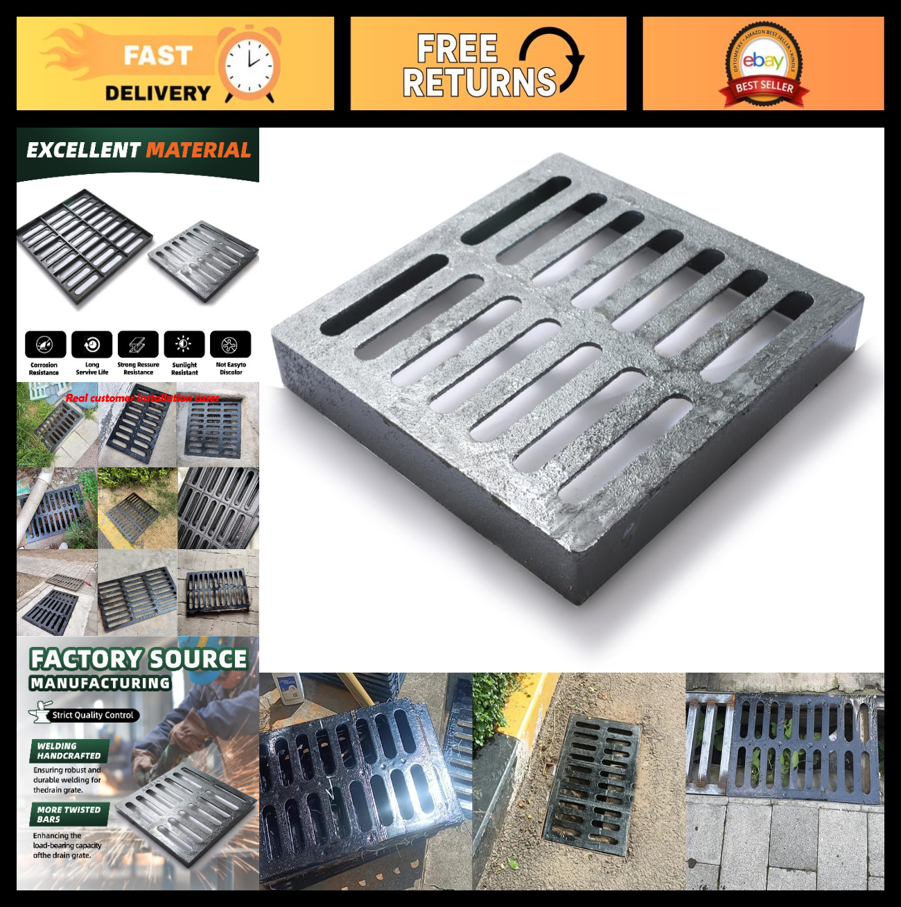 Heavy Duty Cast Iron Drain Grate 10x10in – B125 Class Square Cover for Yard, Dri