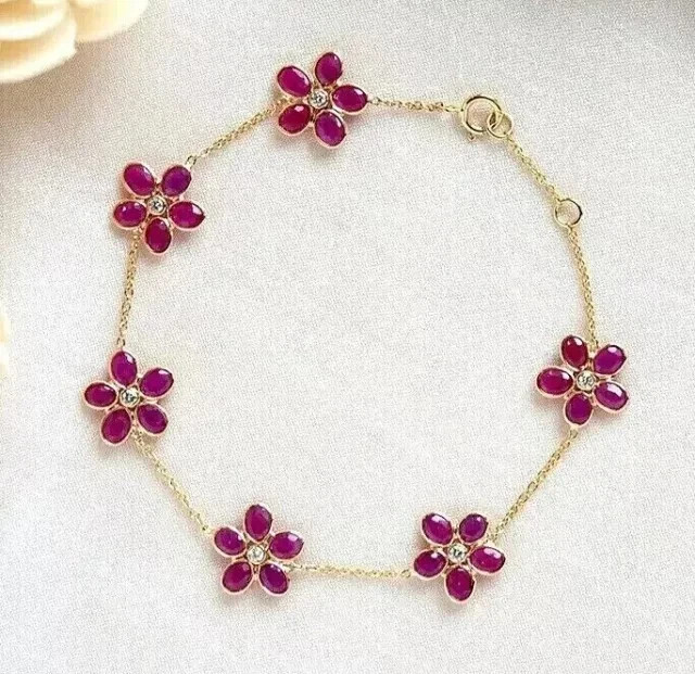 4.50Ct Oval Cut Lab Created Ruby Flower Women’s Bracelet 14K Yellow Gold Plated