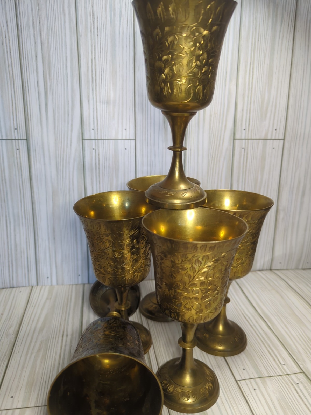 Vintage 50s 60s W.G.C India Ornate Etched Brass Wine Goblet Challis Set Of 6