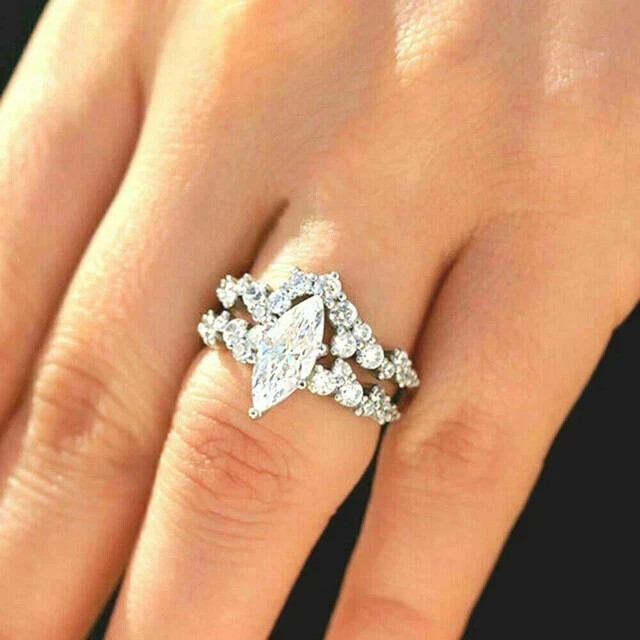 Wedding Bridal Set Ring 14k White Gold Plated 3CT Marquise Lab Created Diamond