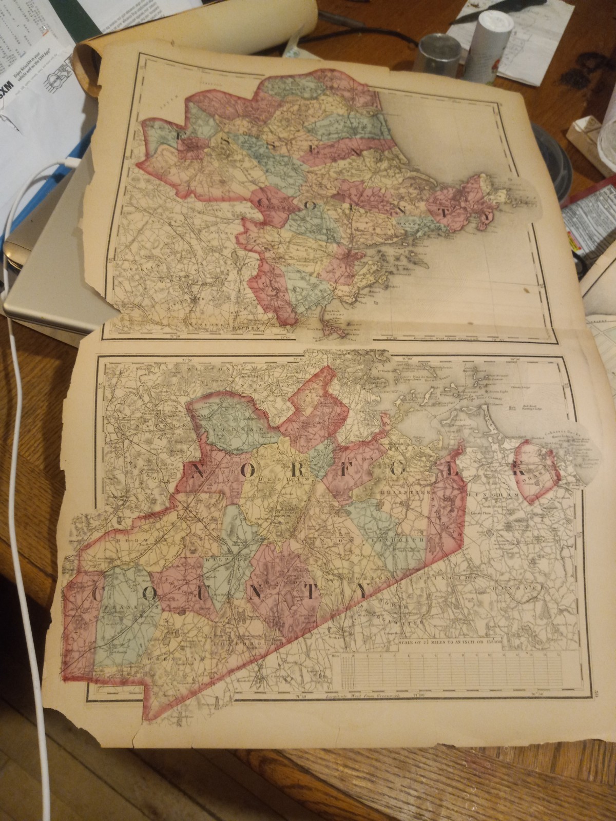 1871 MAP OF ESSEX & NORFOLK COUNTY MASSACHUSETTS FROM WALLING ATLAS! AS-FOUND!!