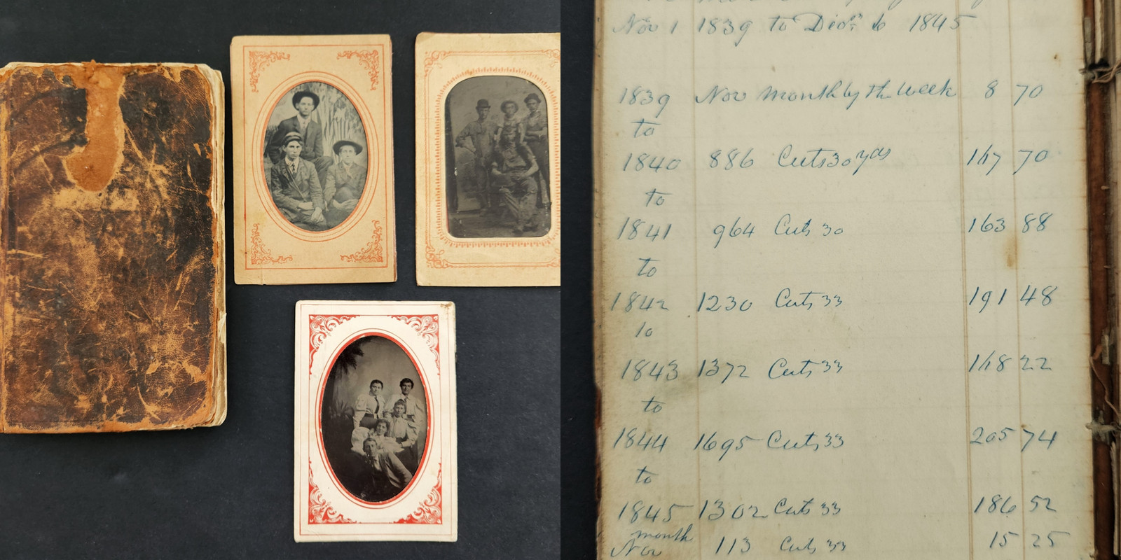 1840s antique MILL LEDGER w 3 TINTYPE PHOTOS chicopee falls ma BURNEY weaving