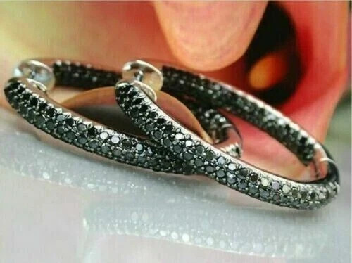 925 Sterling Silver Simulated Black Diamond Hoop Earrings 18k Black Gold Plated.