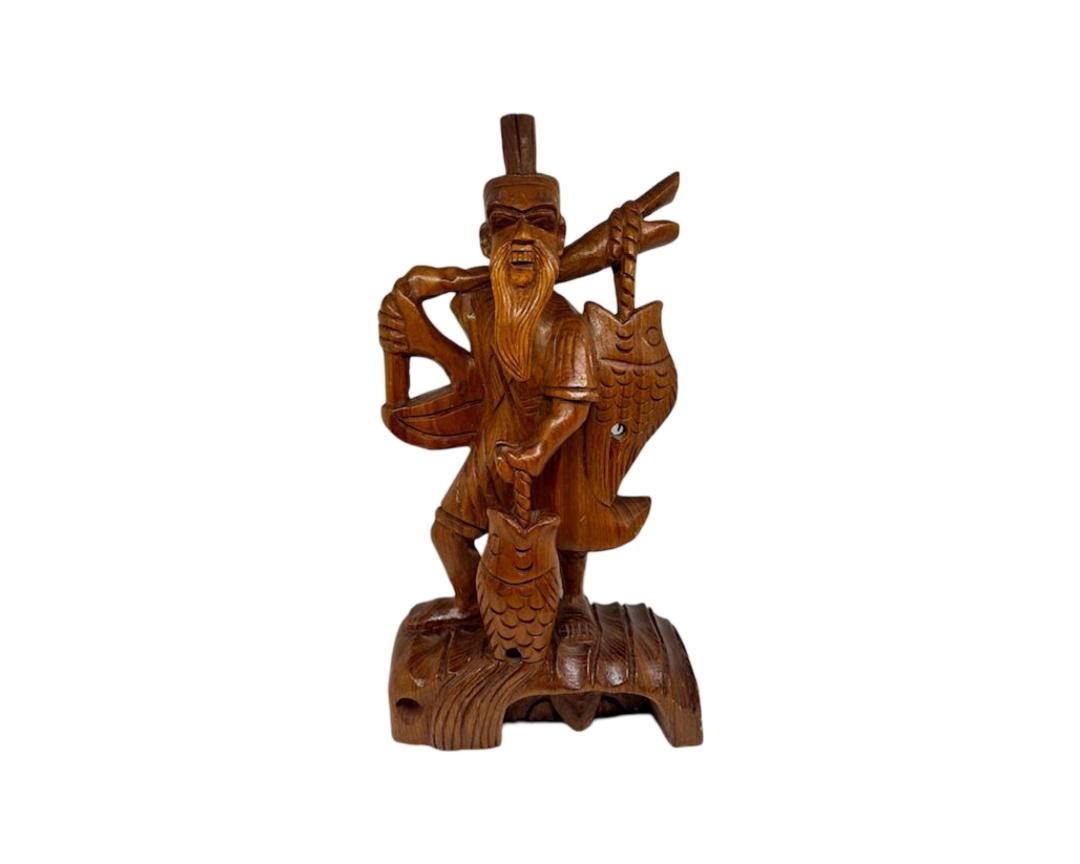 Chinese Immortal Fisherman Wooden Teak 13″ Carving