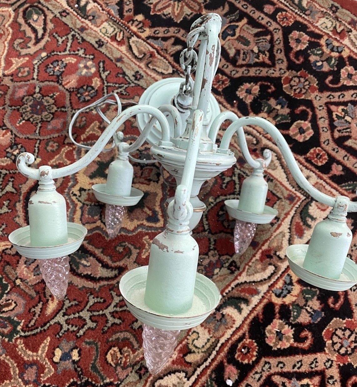 Metal TOLE Brass? CHANDELIER Light PATINA VINTAGE French Cottagecore Shabby Chic