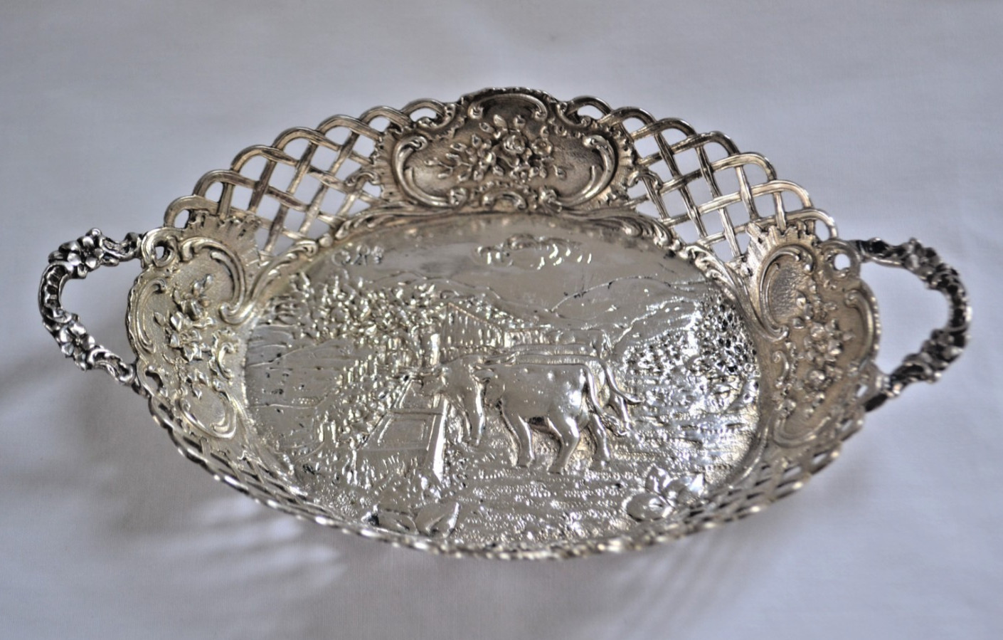 Antique German Hanau 800 Silver Repousse Dish with Handles and Cows