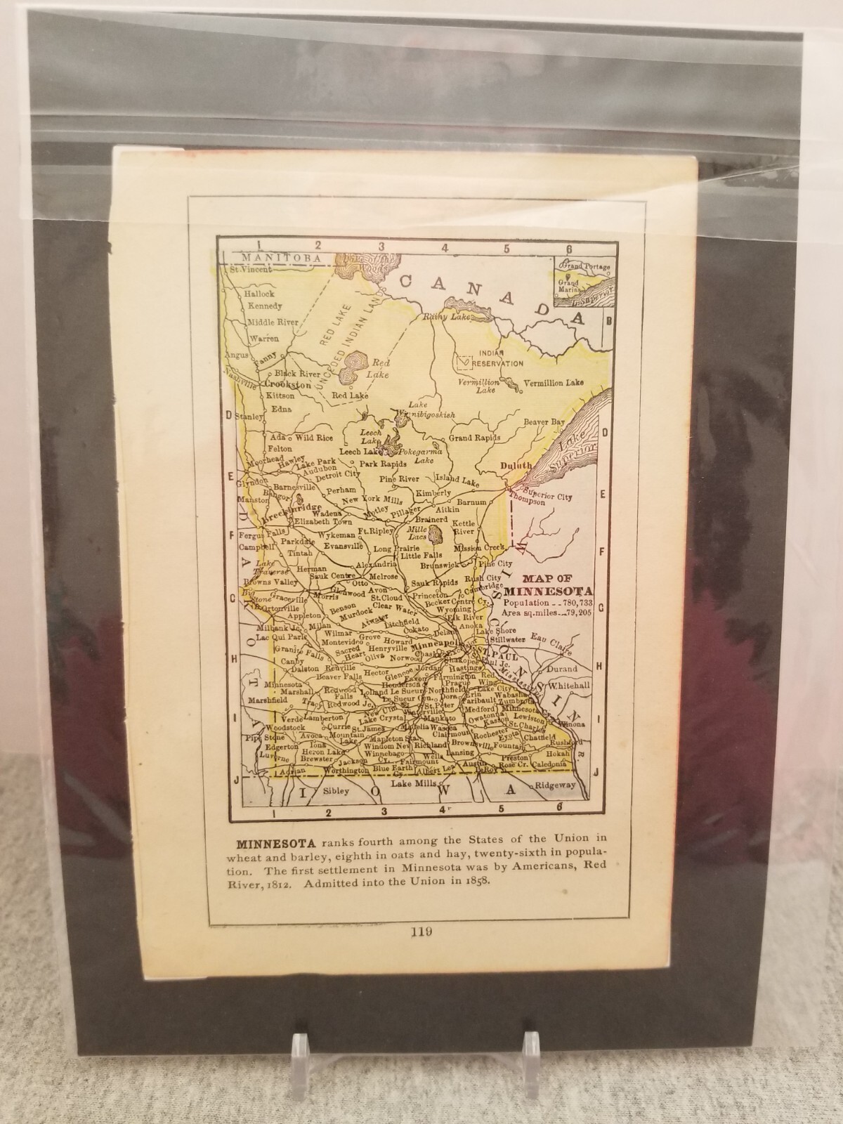 Antique Miniature Map of Minnesota with Write Up from 1880s Atlas Mounted