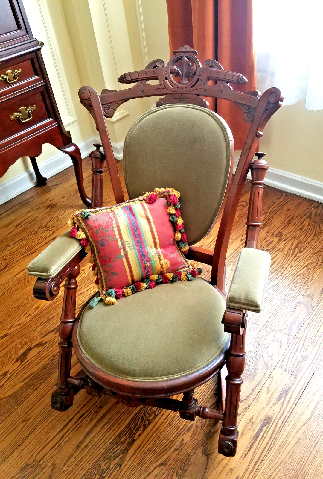 1869 Unusual Eastlake HUNZINGER Upholstered Rocking Chair – Excellent Condition