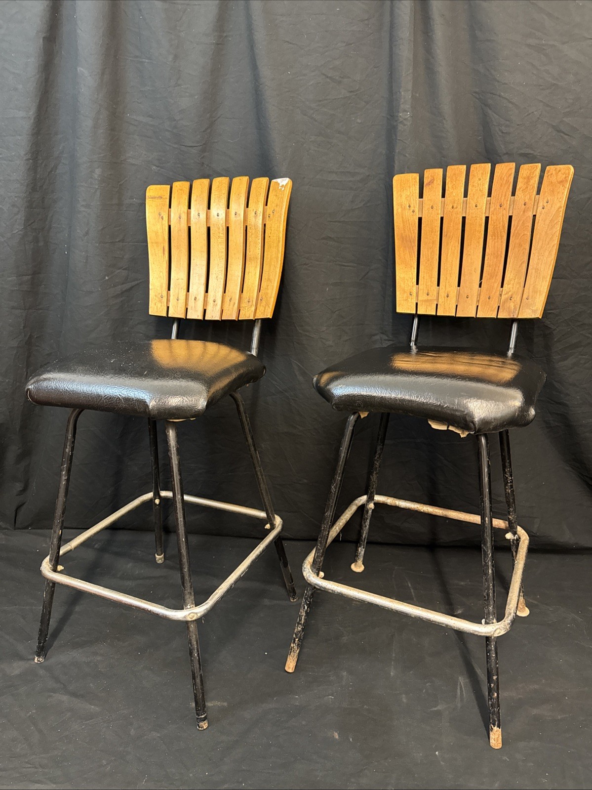 American Vintage Mid Century Modern Bar Stools Set Swivel Wood Umanoff Style