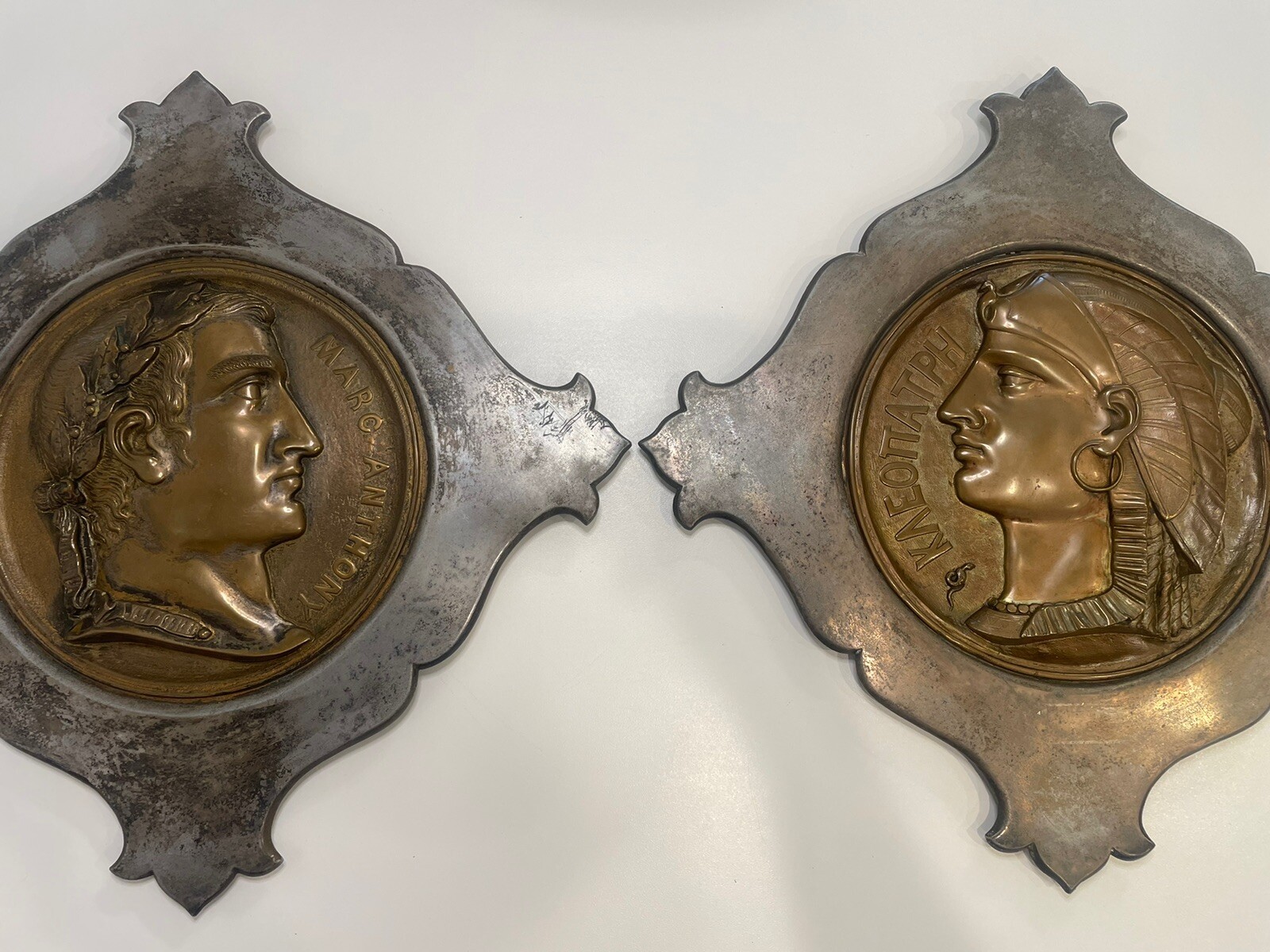 Pair Framed Large Antique Bronze Portrait Plaques MARK ANTHONY CLEOPATRA 19th C