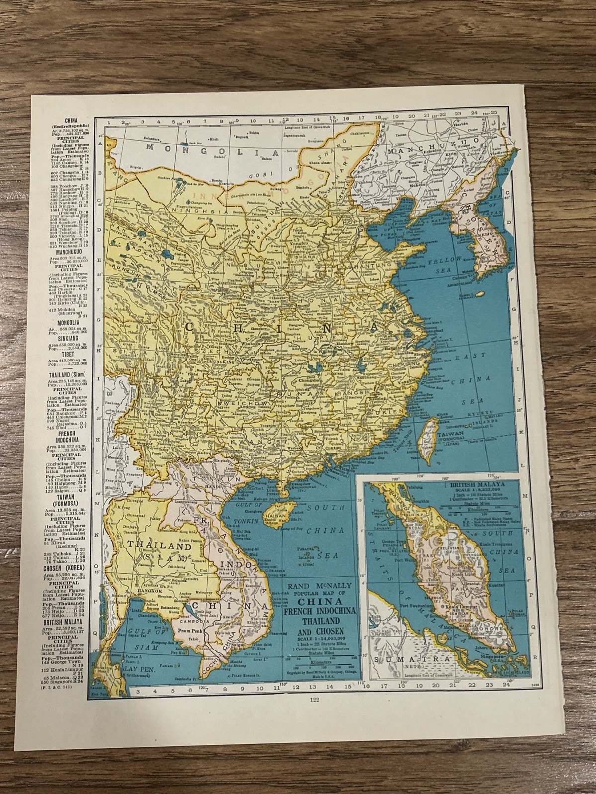 Antique 1944 Map Of China, Indochina, Thailand And Chosen 14”x11”