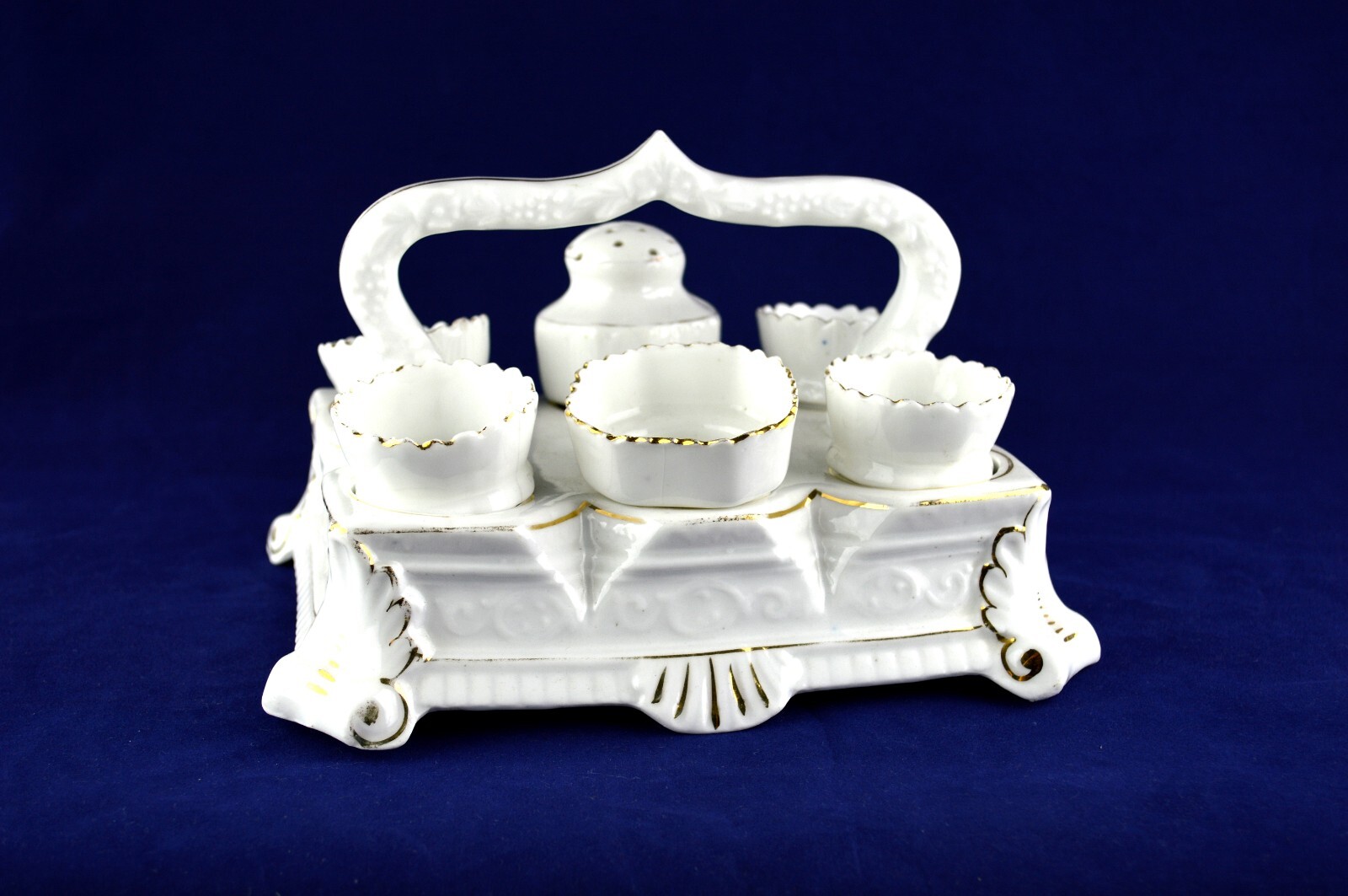 Antique French MOSANIC Condiment Set – Salt / Pepper & 4 Egg Cups
