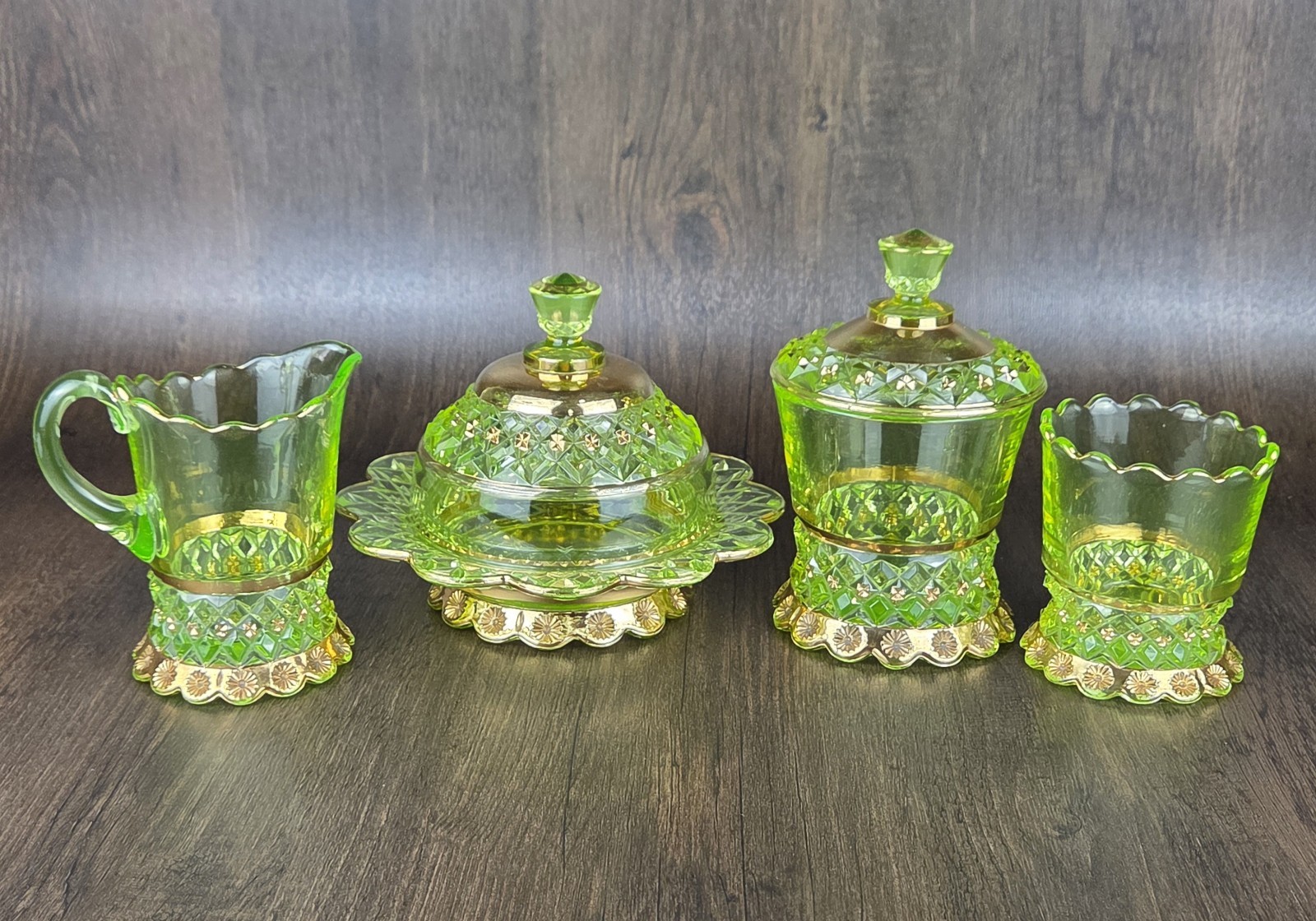 Riverside Petticoat URANIUM Glass Gold Gilt Accents c. 1899 Vaseline GLOWS!