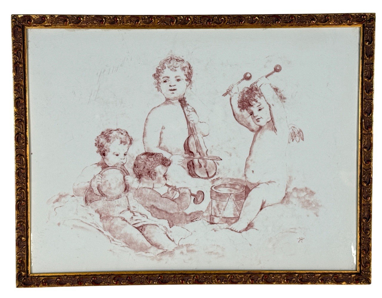 Antique French Faience Limoges Painted Cherubs Rococo Porcelain Plaque Gilt