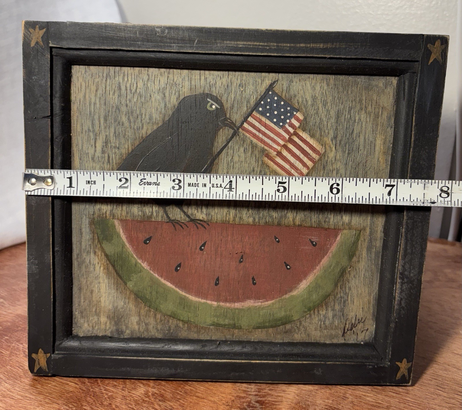 Primitive Crow, Watermelon, and USA Flag Painting-Signed