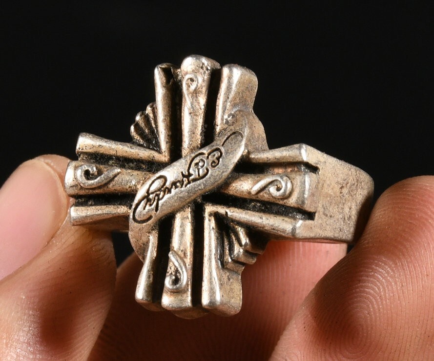 2.7CM Antique Tibet Old Silver Fengshui Cross Exorcism Blessing Ring Finger Ring