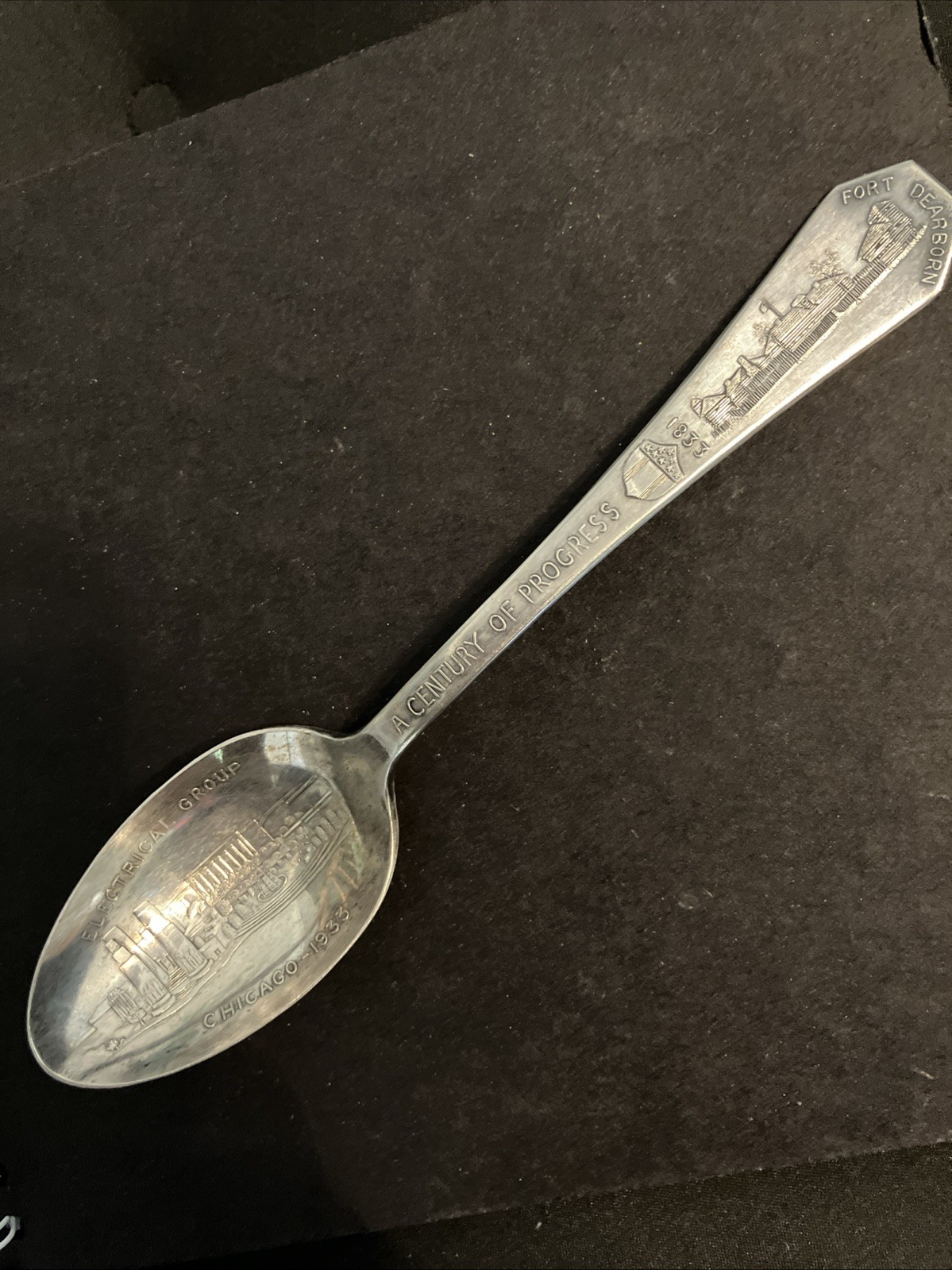 SILVER PLATE SOUVENIR SPOON CHICAGO 1933 FAIR Fort Dearborn, Electrical Group