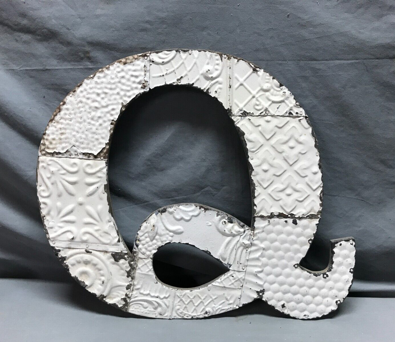 Decorative Salvage Tin Ceiling 16″ Patchwork White Metal VTG Letter Q 1791-24B