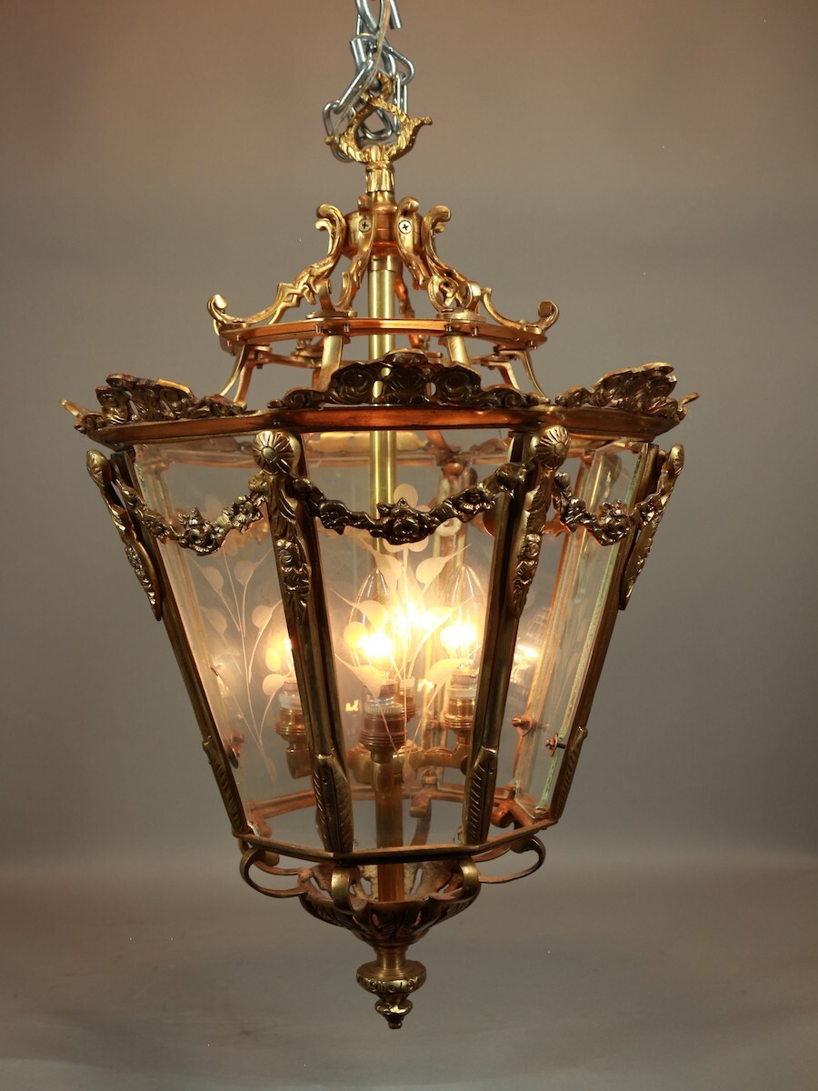 Chandelier Lantern French Louis XVI Bronze Gold Glass Vintage Pendant Light