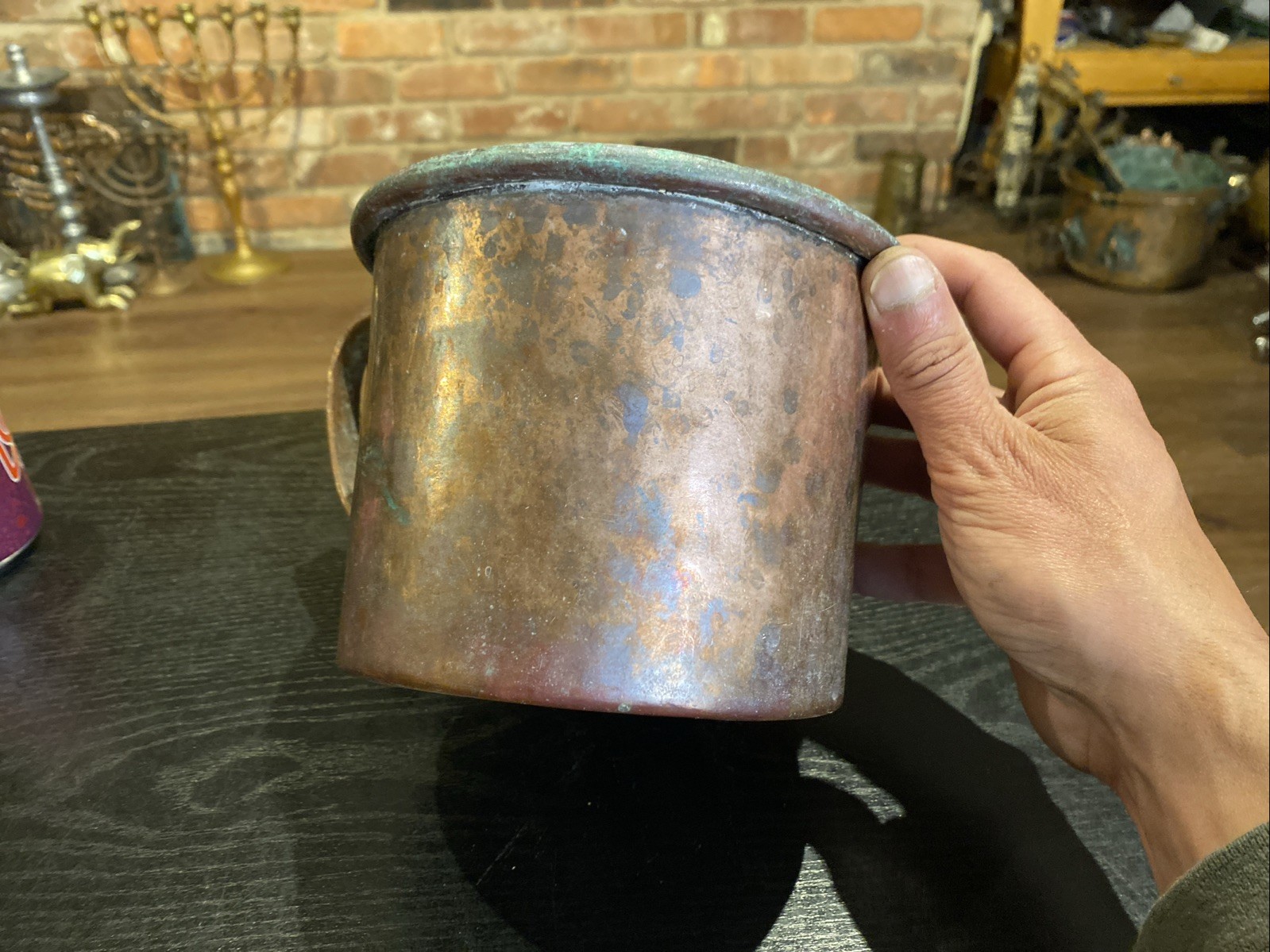 Antique Primitive Large Copper Cup Or Small Pot With Handle, Dovetail Seems