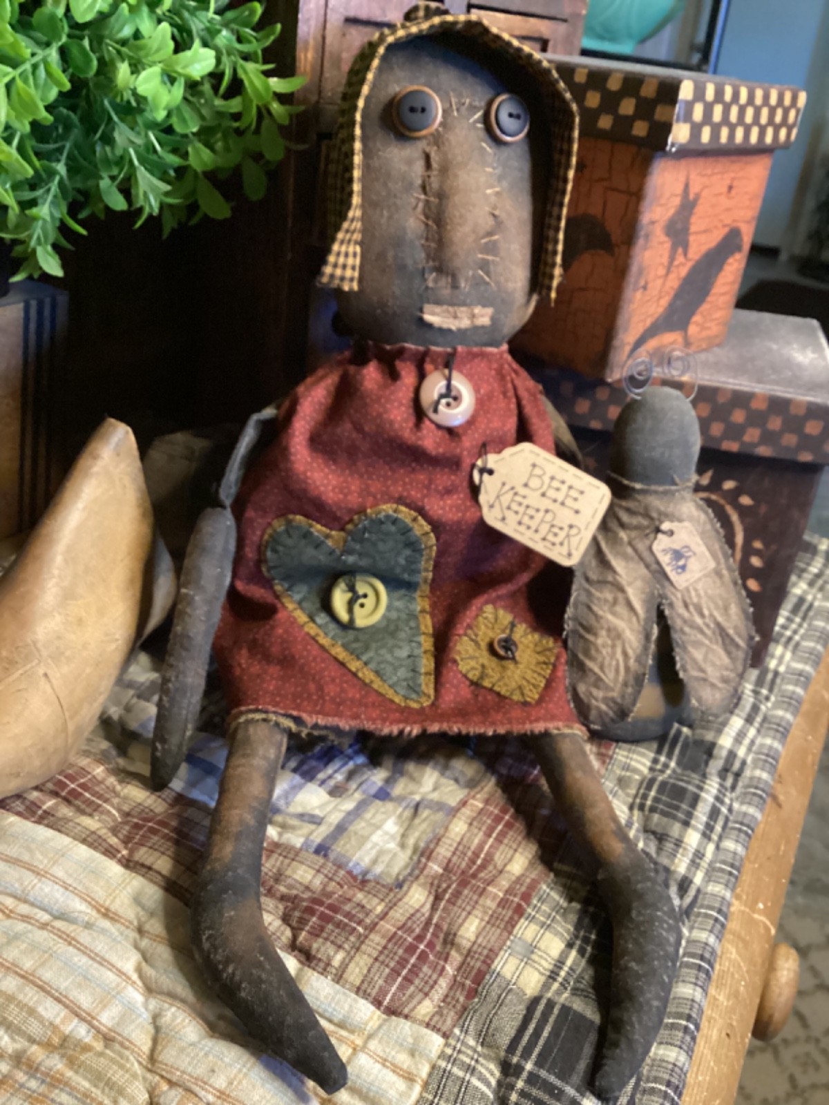 Primitive BLACK DOLL & BEE Handmade OOAK Signed & Dated THREADBARE PRIMITIVES
