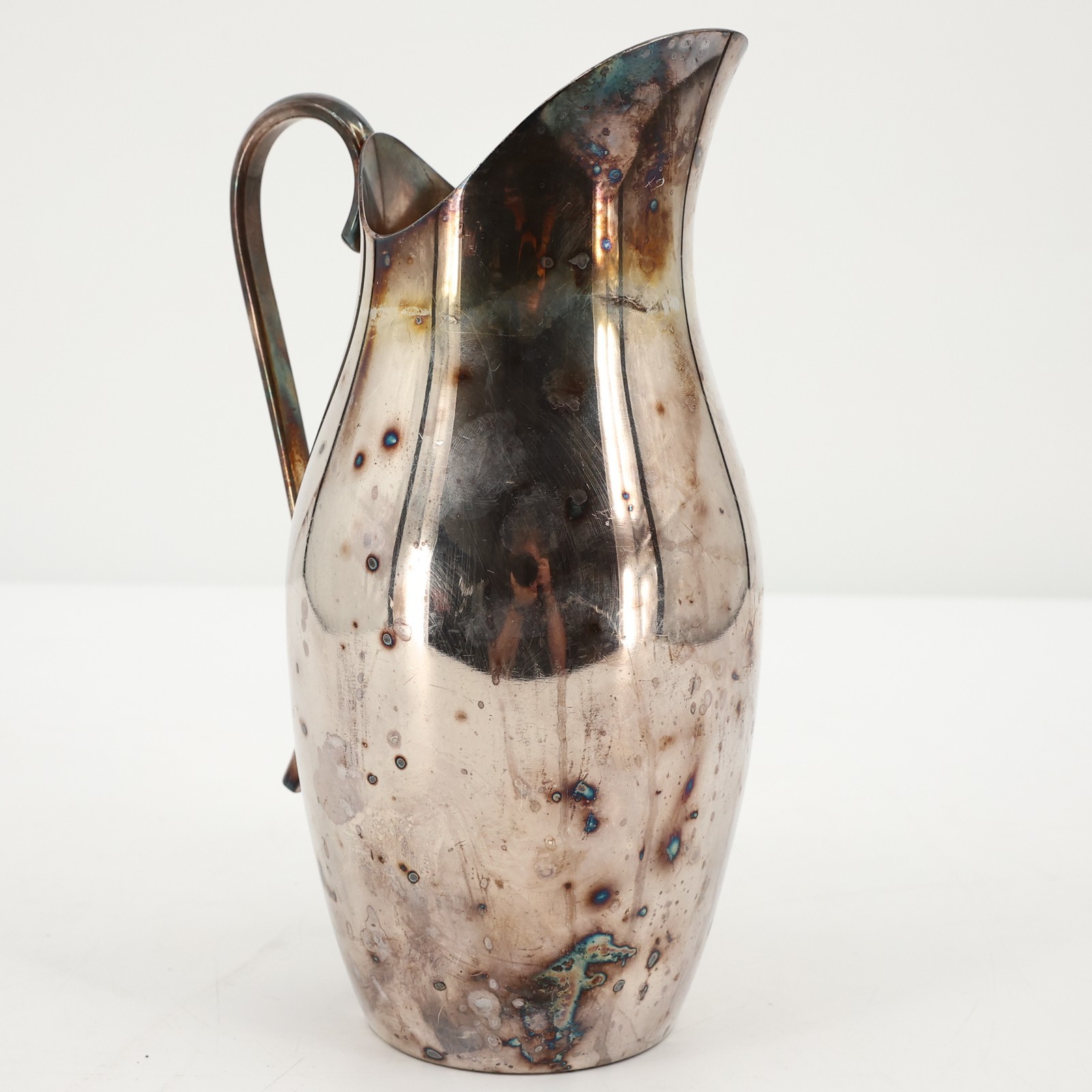 Vintage Silverplated Ice Water Pitcher Paneled Jug w/ Ice Guard Rainbow Patina