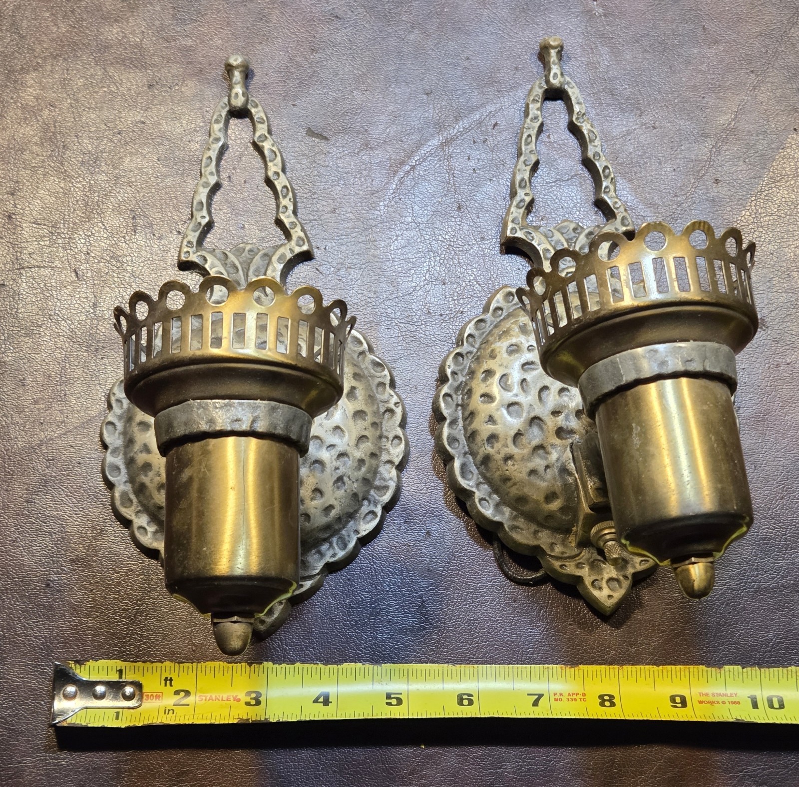 Pair Antique Wall Sconces 1920s Gothic Mission Arts & Crafts Hammered Metal