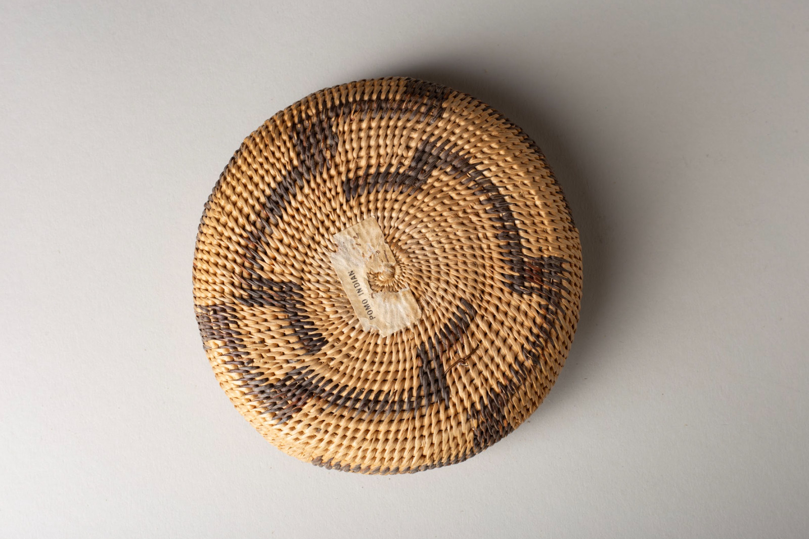 1900 Pomo Low Basket, Dark Band at Base, With Metal Tag