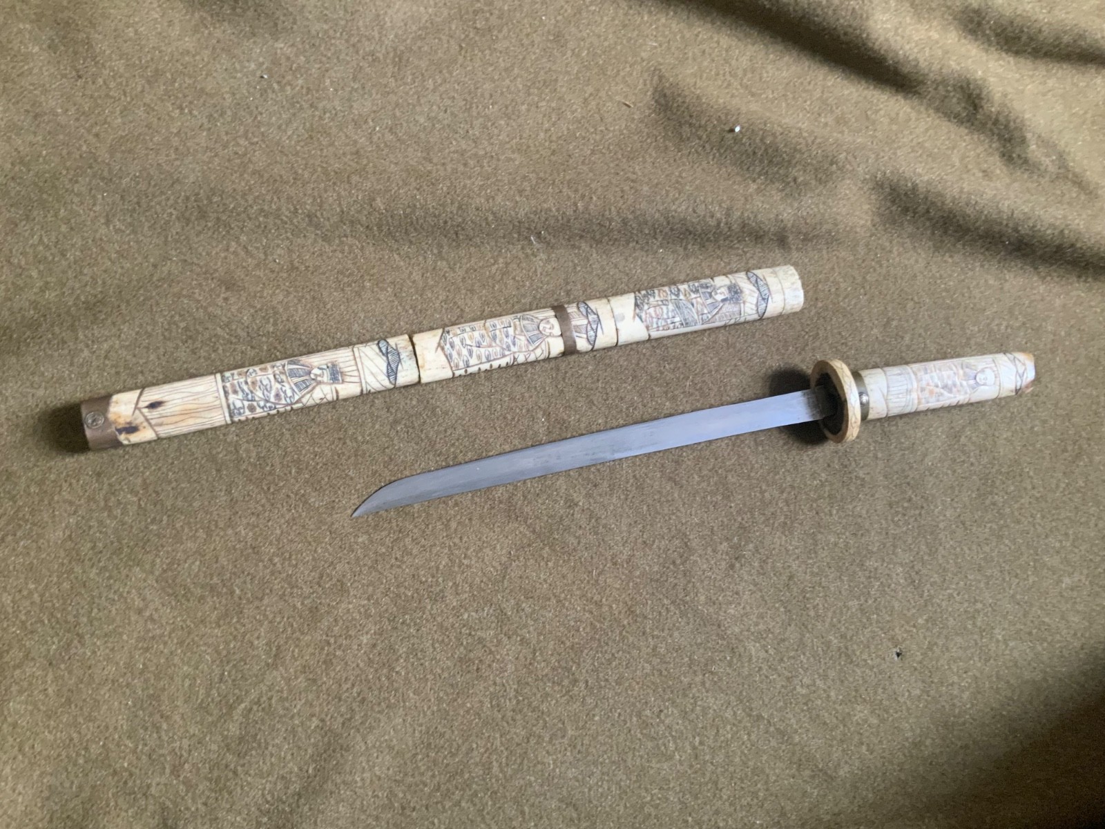 Antique Japanese Short Sword With Hand Carved Figural Scabbard And Handle