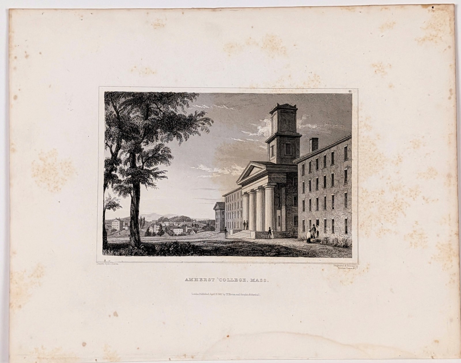 1831 AMHERST COLLEGE – MASSACHUSETTS Engraved Print ORIGINAL ANTIQUE