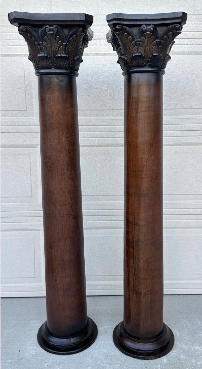 Pair of Custom Vintage Wooden Corinthian Column Pedestals with Capitals