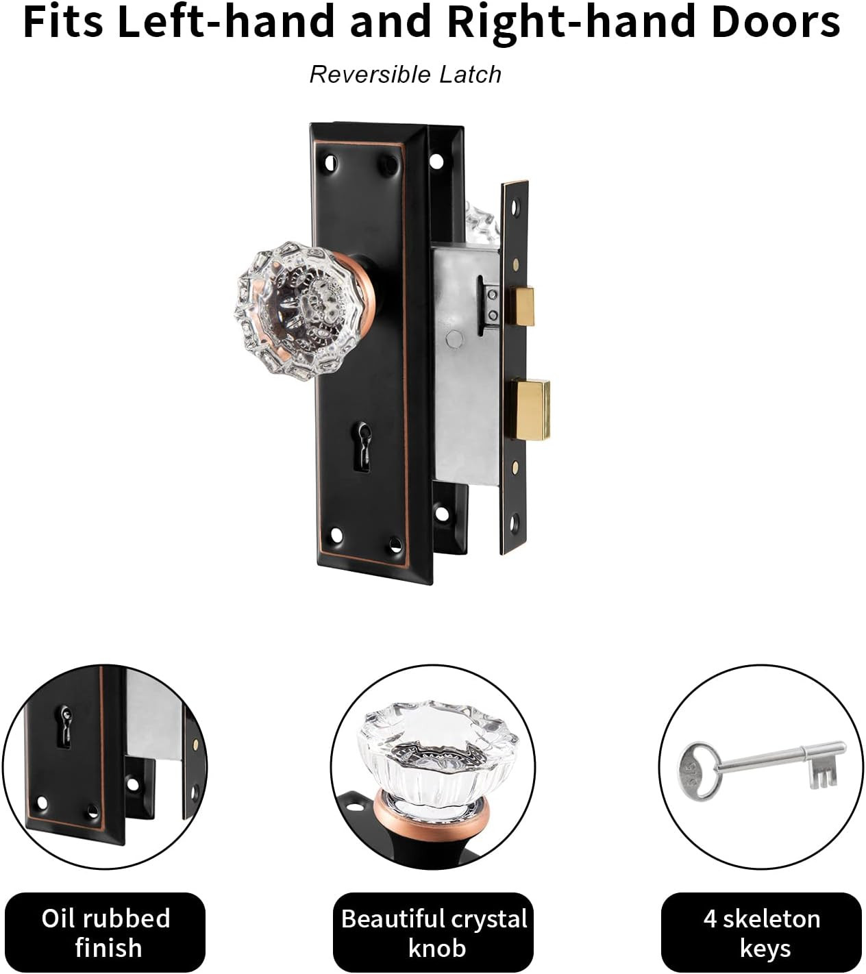Upgraded Mortise Lock Set for Interior Door, Antique Vintage Style Crystal Glass