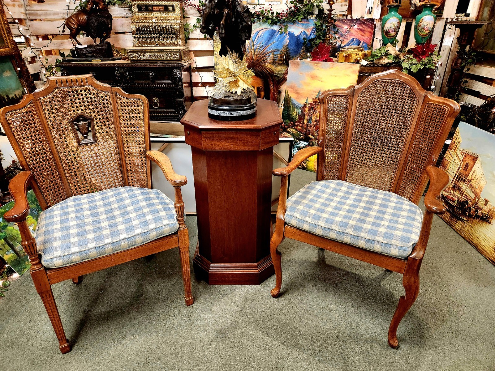 Armchairs, Louis XVI Style Cane Back, Carved Wood Fauteuils, Set of Two!