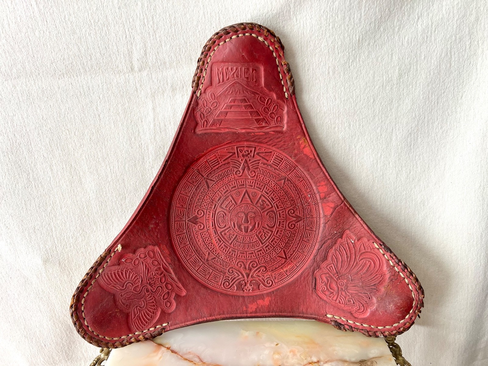 Vintage 1960’s Mexican Hand Tooled Red Leather Tripod Stool Seat Cover
