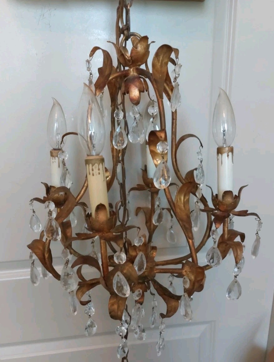Italian Tole Chandelier 4 Light Gilt Metal & Crystal Floral Hollywood Regency
