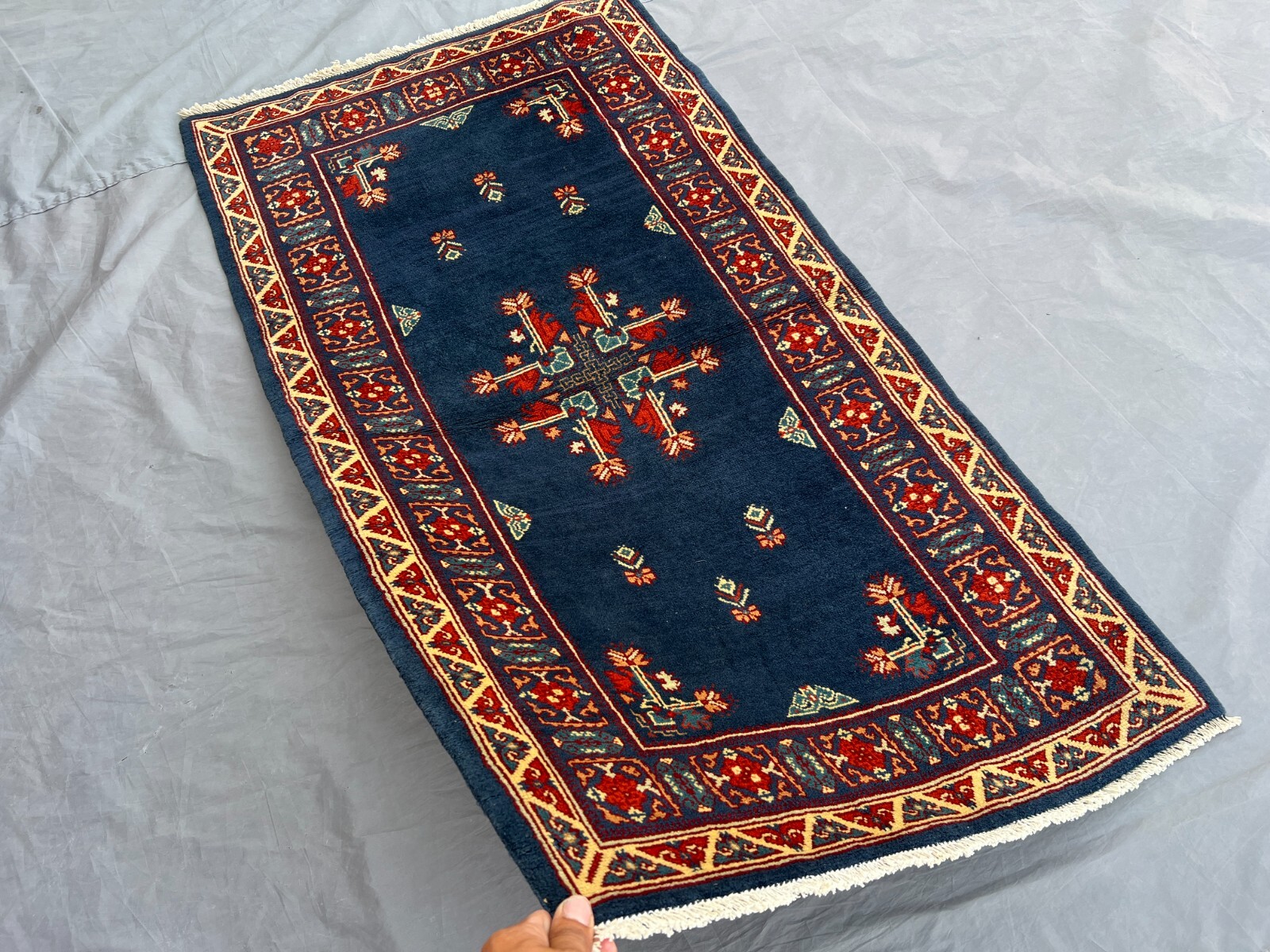 Vintage Turkish Hand Knotted Rug 2’4×4’5 ft – Blue Wool Tribal Small Accent Rug