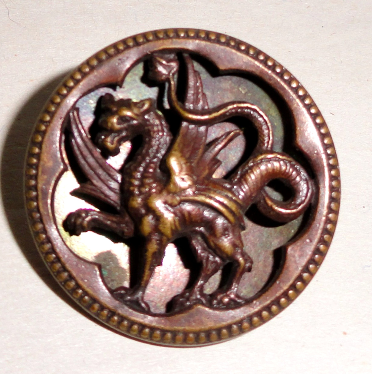Antique Sewing Picture Button ~ Mythical Dragon ~ 1” in Diameter ~ Beaded Rim