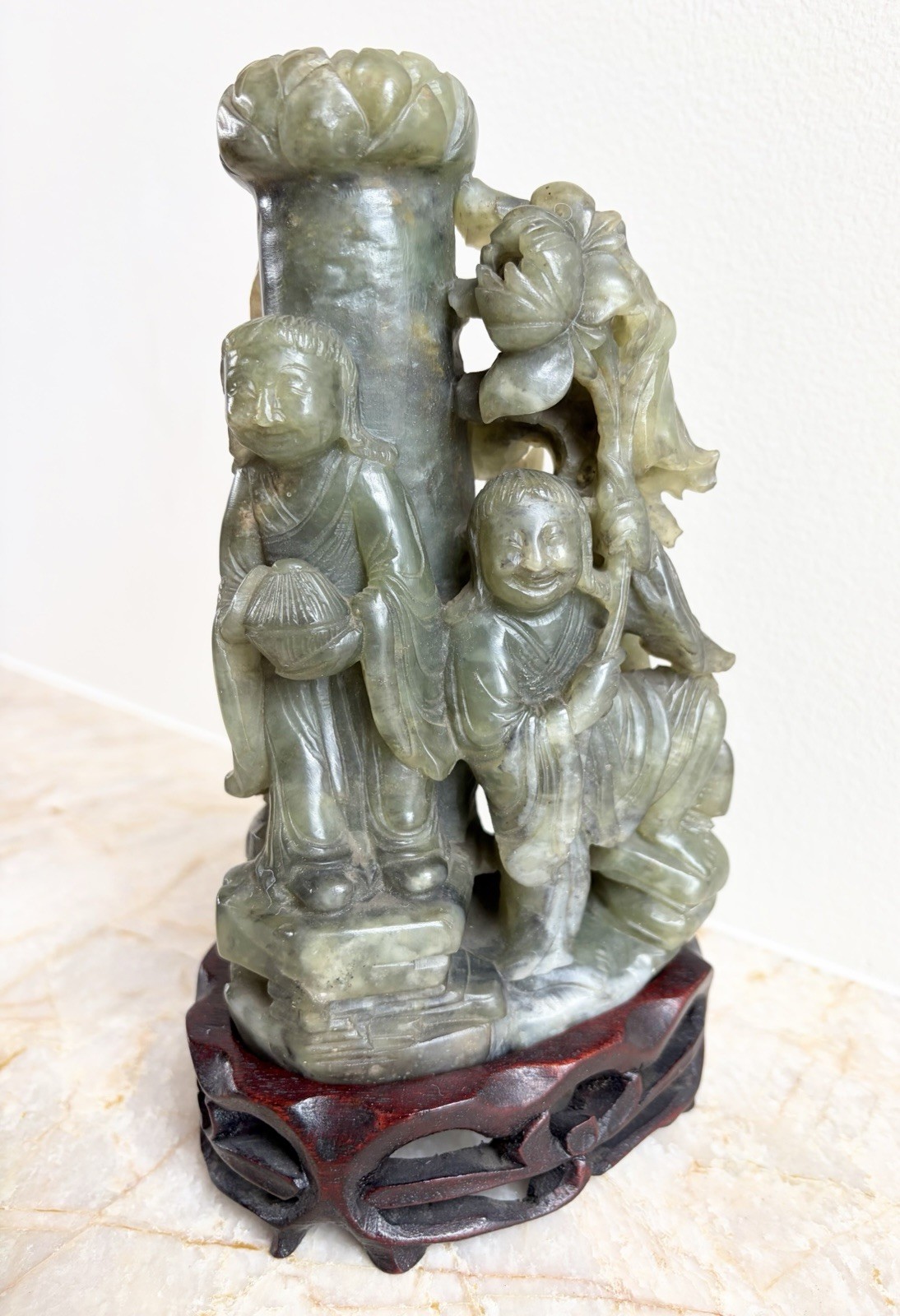 Antique Chinese Republic Era Suzhou Jade Serpentine Figurine & Stand