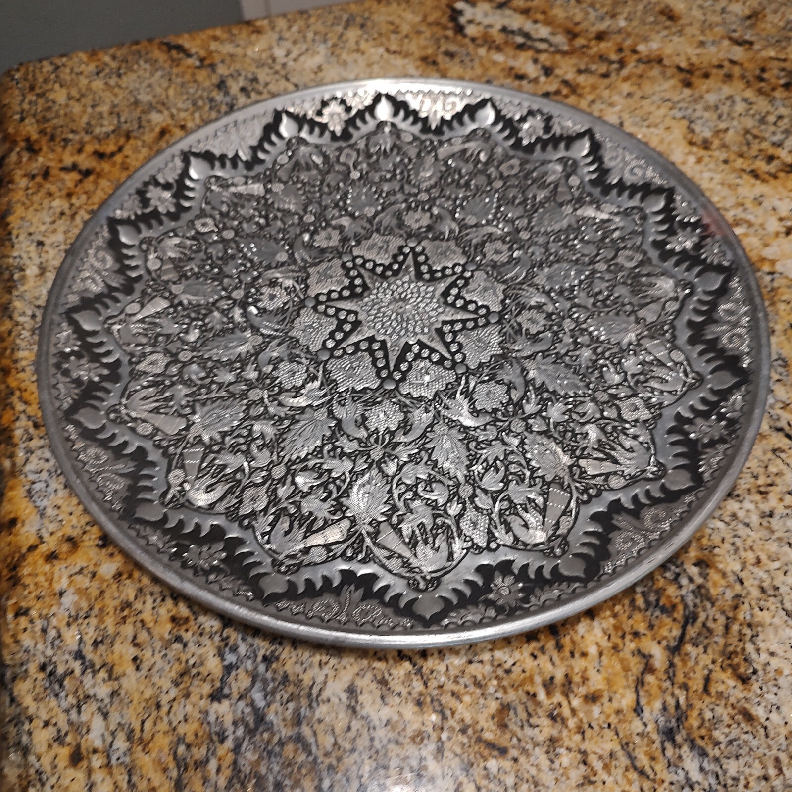 Vintage Handmade Vintage Middle Eastern Round Silver Tray  Floral Design
