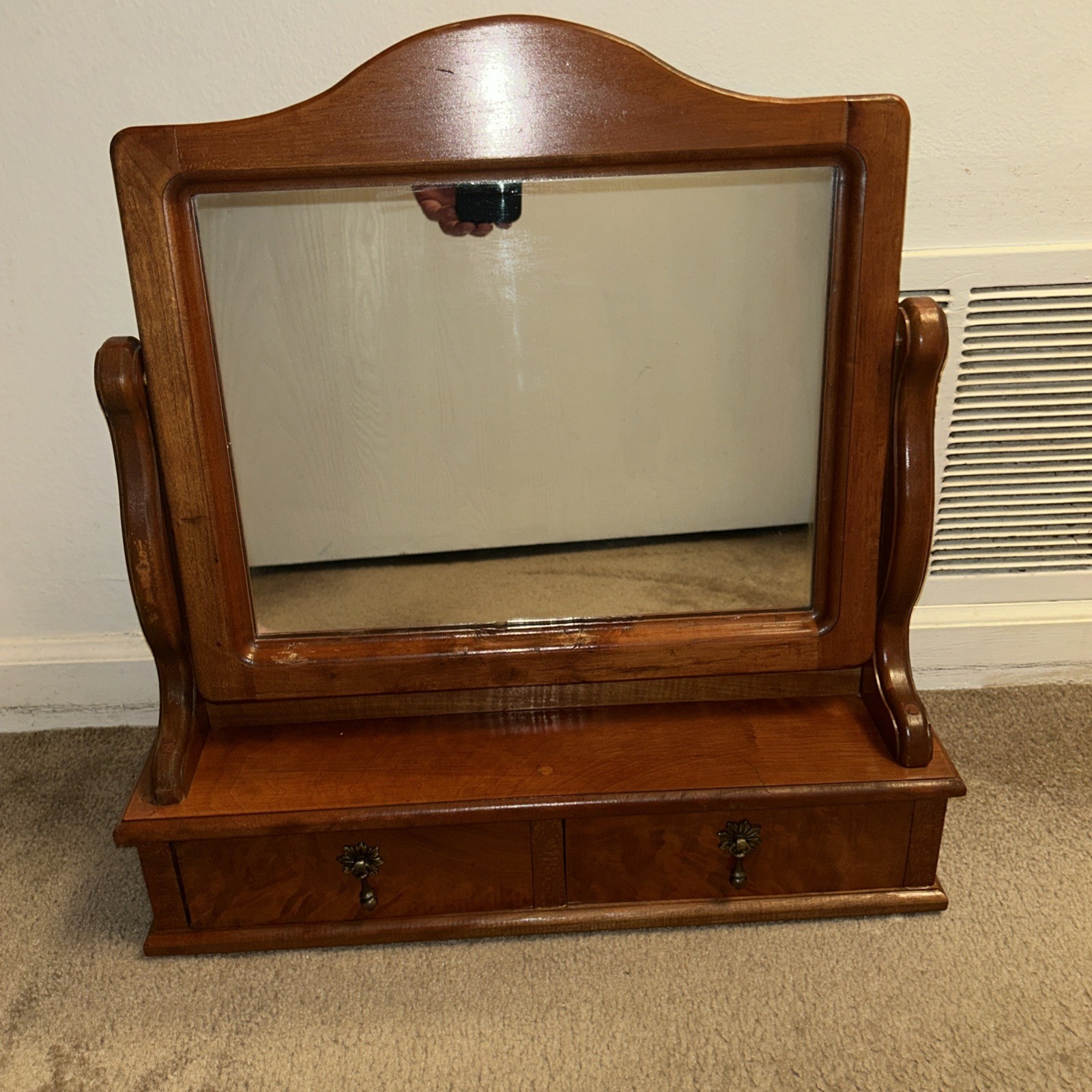 Antique Wood Shaving Mirror, 2 Drawer, 23” Tall x 21 “ WideX 8.25 Deep