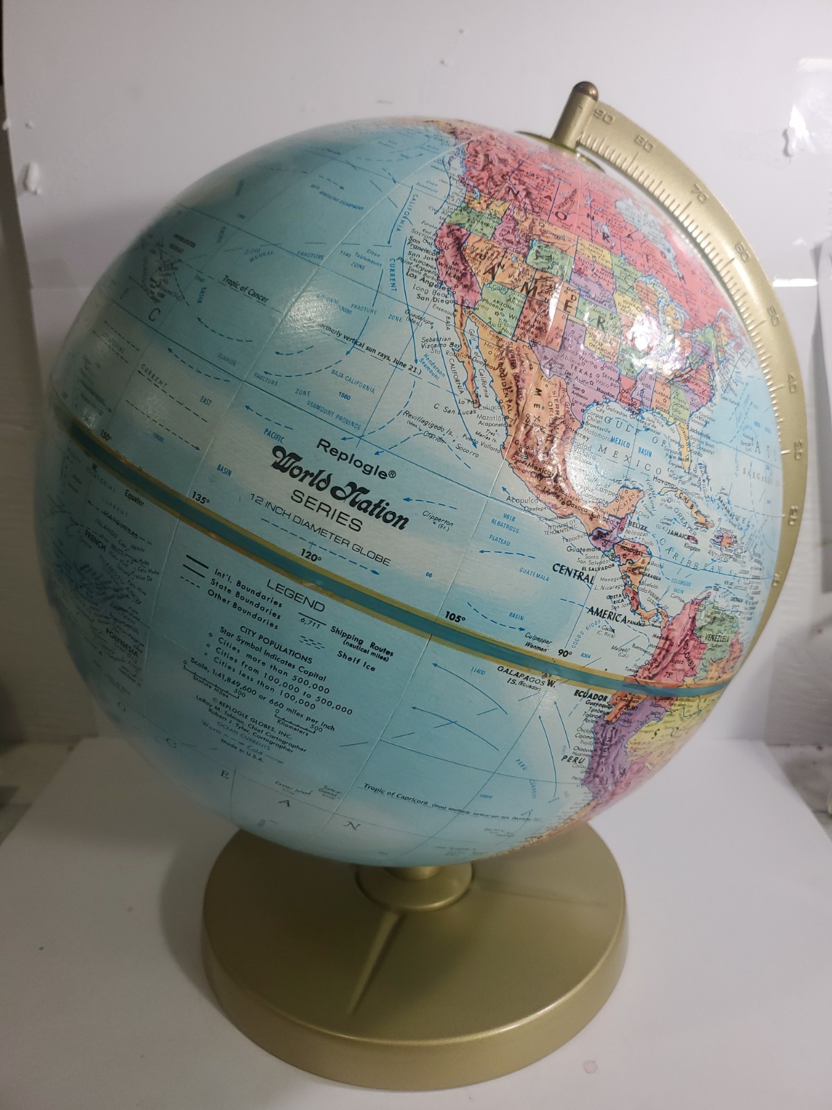Vintage 1970’s Replogle 12 inch World Nation Series Globe In Gold Metal Stand