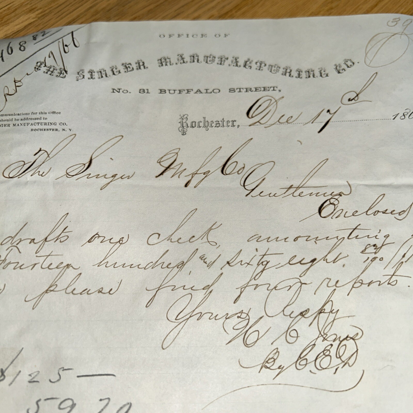 1866 SINGER SEWING MANUFACTURING – Letter, 31 Buffalo St. ROCHESTER NEW YORK