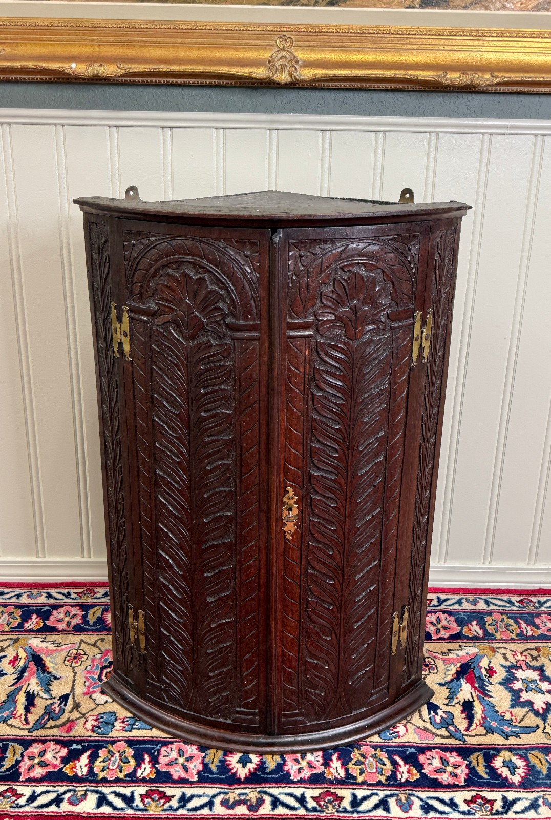 Antique English Corner Cabinet Carved Oak Hanging Wall Cabinet Storage 19C