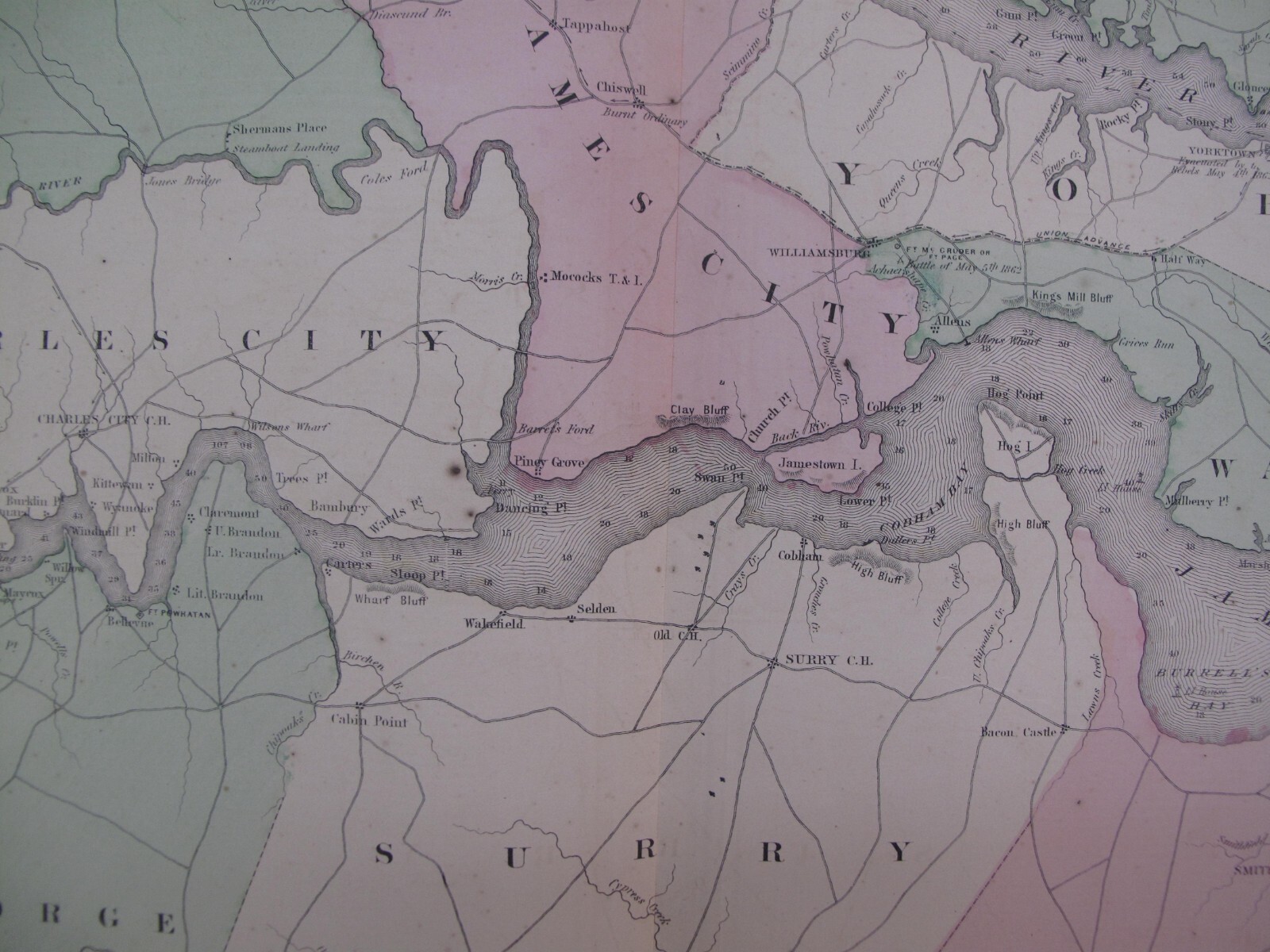 Hand ColorJohnson Map Vicinity Richmond Peninsular Campaign VA Civil War 1862