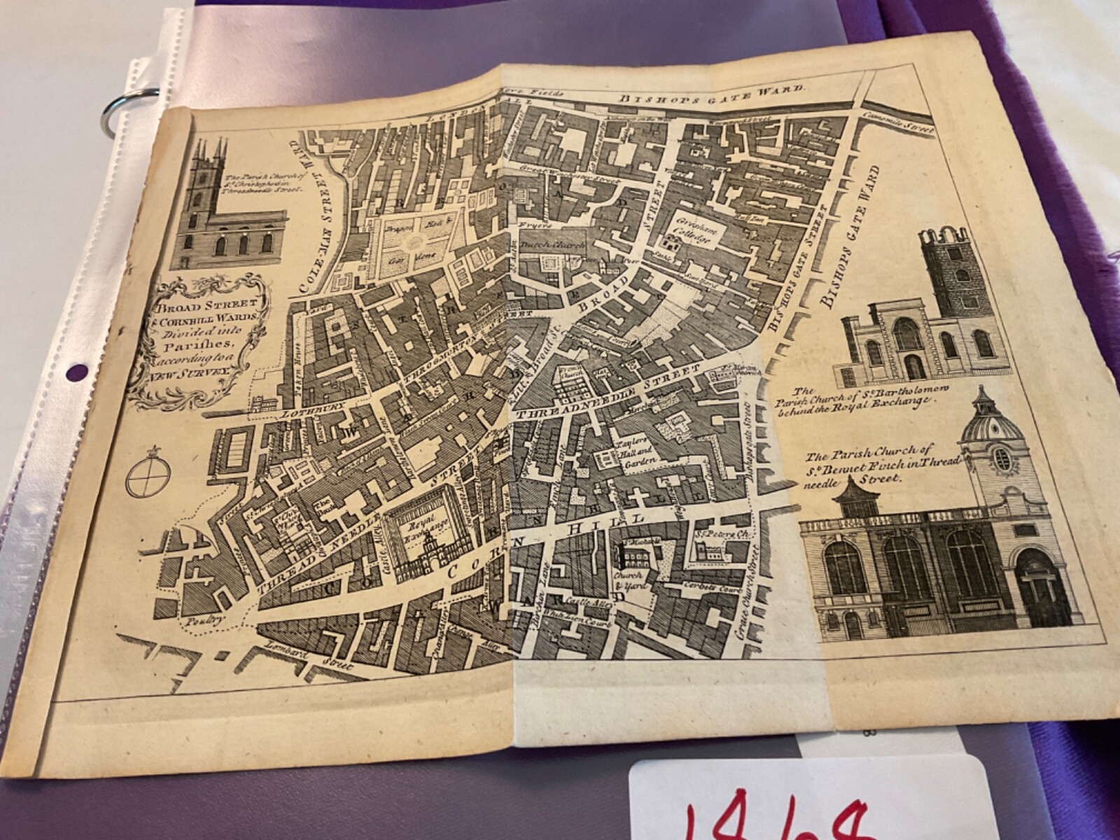 1768 MAP OF BROAD / THREADNEEDLE STREETS FROM LONDON NEW SURVEY PARIFHES #1868
