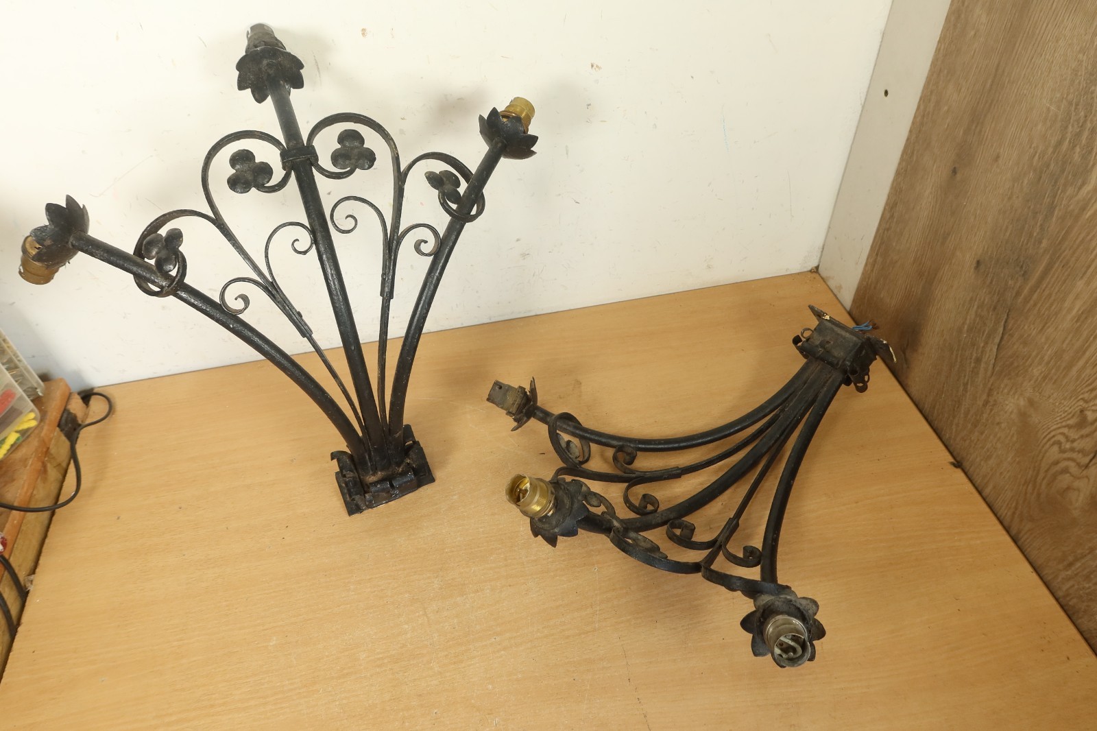 Vintage Pair of Wrought Iron Large Wall Lights 3 Arm Scroll Sconce Lamp Floral