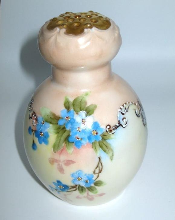 Antique Sugar Shaker Muffineer Hand Painted Forget-me-Not Floral Signed 1907