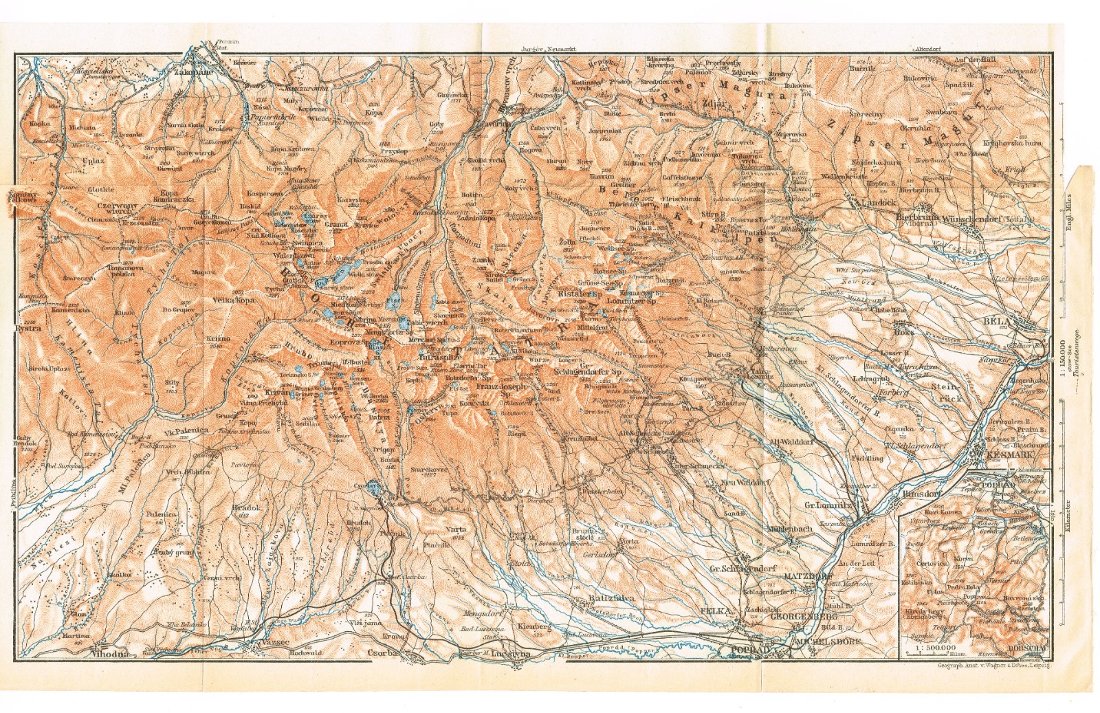 VYSOKE TATRY 1911 Slovensko Original Map Slovakia Hohe Tatra Poland POPRAD